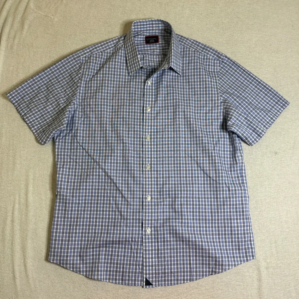 UNTUCKit Button Down Shirt Mens Large Blue Gingham Wrinkle Free Short Sleeve